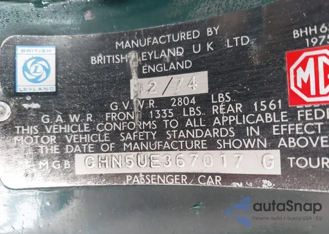 1974 Mg Mgb из США, поврежденный, VIN GHN5UE367017G